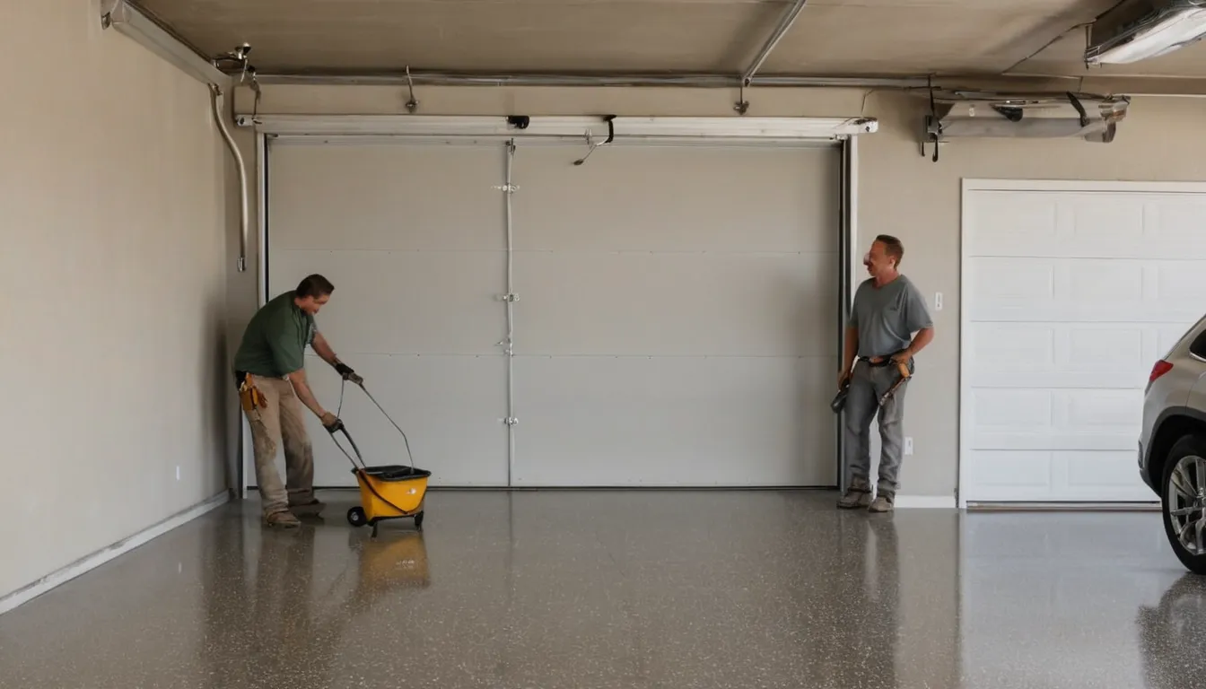 Provider rolling a gray flake epoxy coating across a clean garage floor near Millbrook